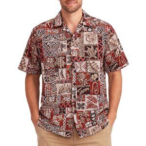 RJC Men's Hawaiian Aloha Shirt Tribal Pattern Red Tans Coconut Buttons Medium